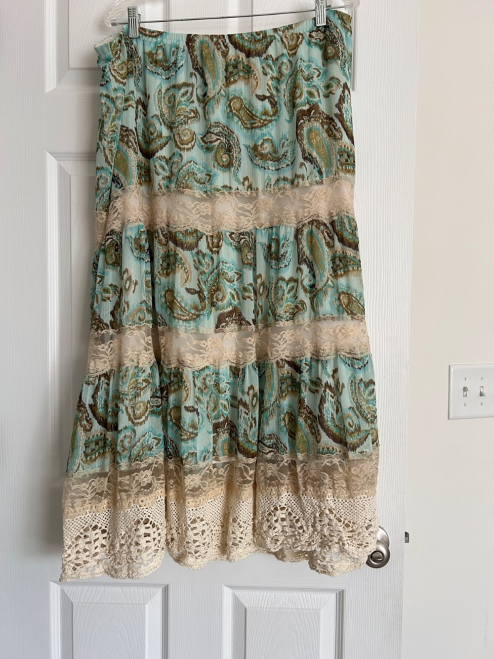 Lane Bryant Aqua Paisley Maxi Skirt with Cream Lace Tiers